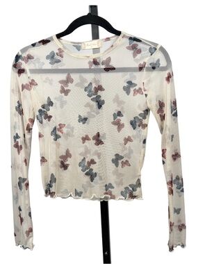 Altar’d State Butterfly Print Sheer Long-Sleeve Top Cream XS